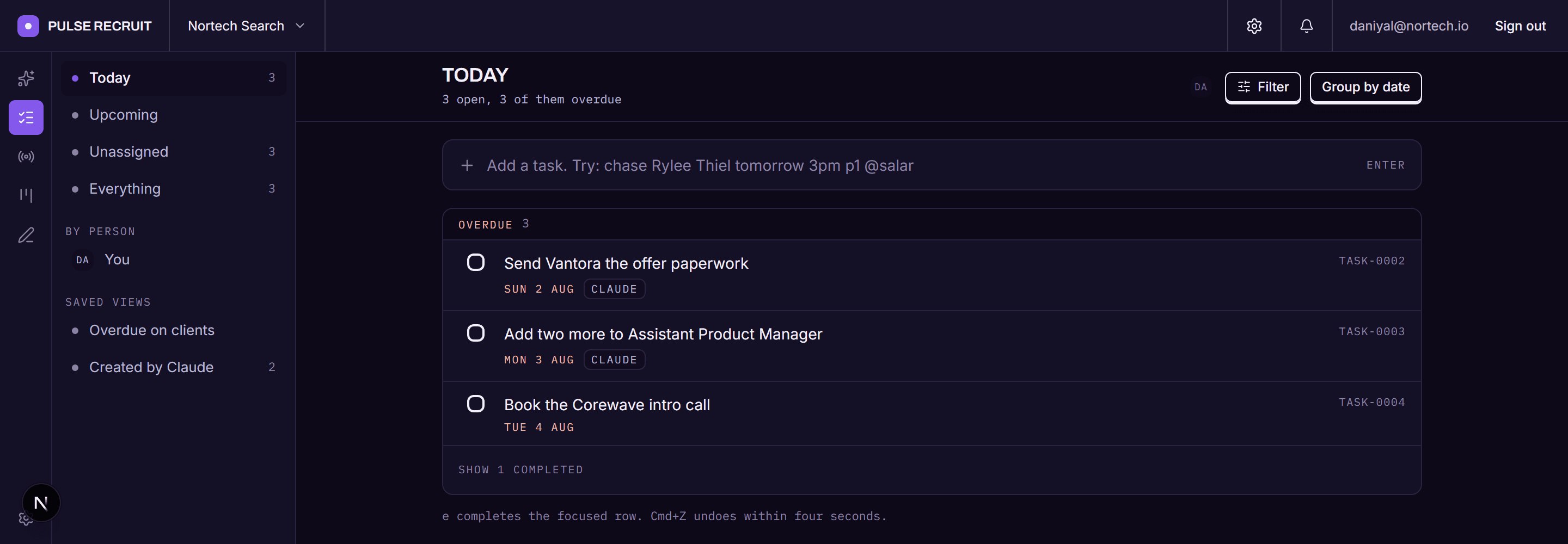 The Pulse task list: four open tasks grouped by date, three of them overdue, each showing who owns it and which client it belongs to.