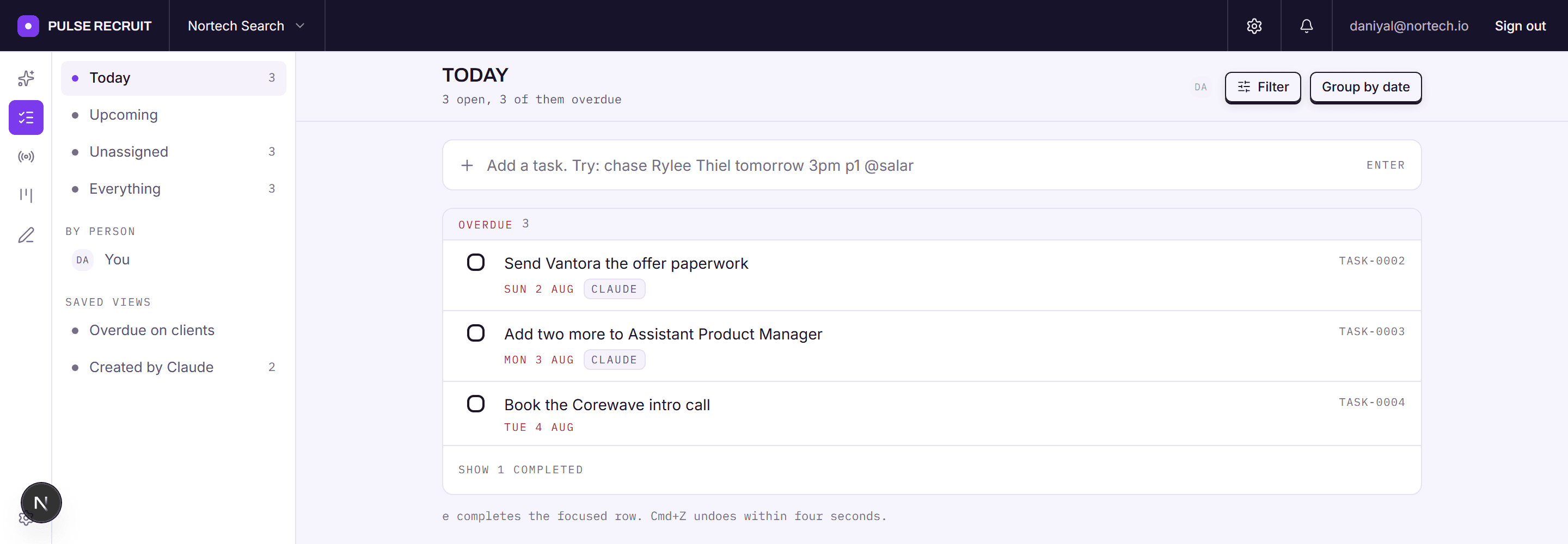 The Pulse task list: four open tasks grouped by date, three of them overdue, each showing who owns it and which client it belongs to.